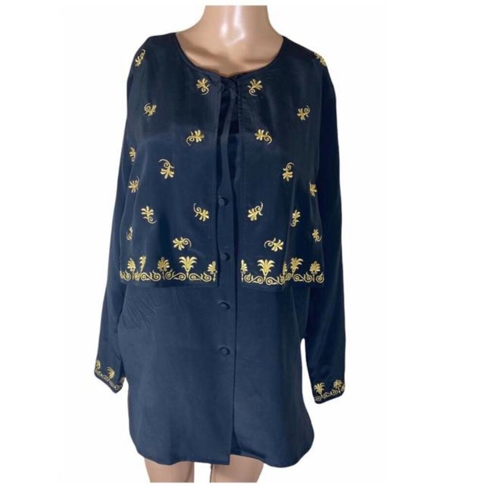 Diane von Furstenberg | 100% Silk Black & Gold Blouse Long Sleeve 1X